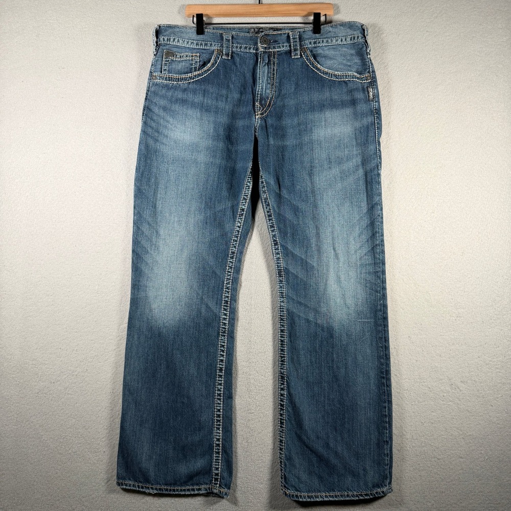 Silver Jeans Co Zac Flap Relaxed Straight Leg Blue Denim Jeans Mens 38x32